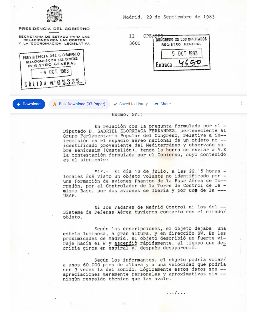 Presidencia del Gobierno. Pregunta parlamentaria, OVNI 12-7-1983